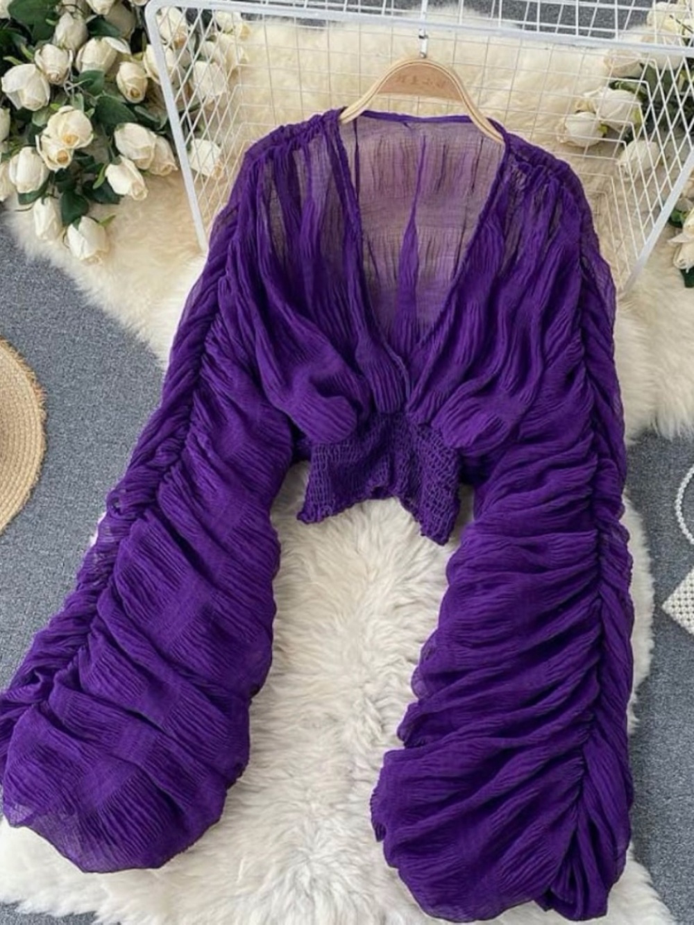 Balloon Loose Sleeve Sheer Mesh Blouse Purple Top- One size fit most